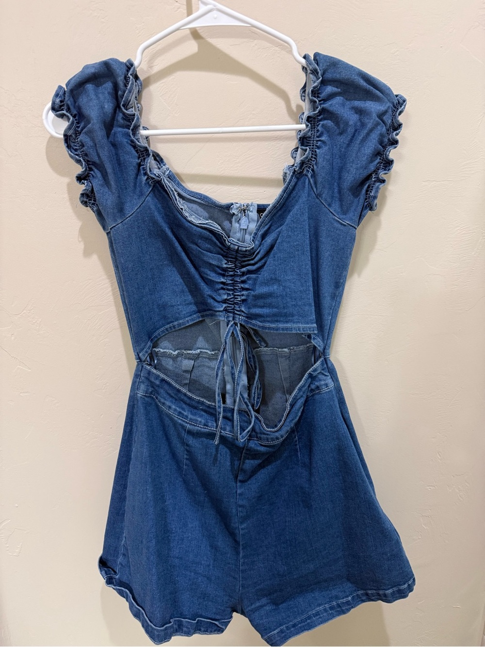 Denim Cutout Romper in Dark Blue